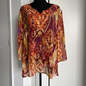 Chicos Blouse Womens Size 2 Large Multicolor Silk Sheer Beaded Tunic Top Boho